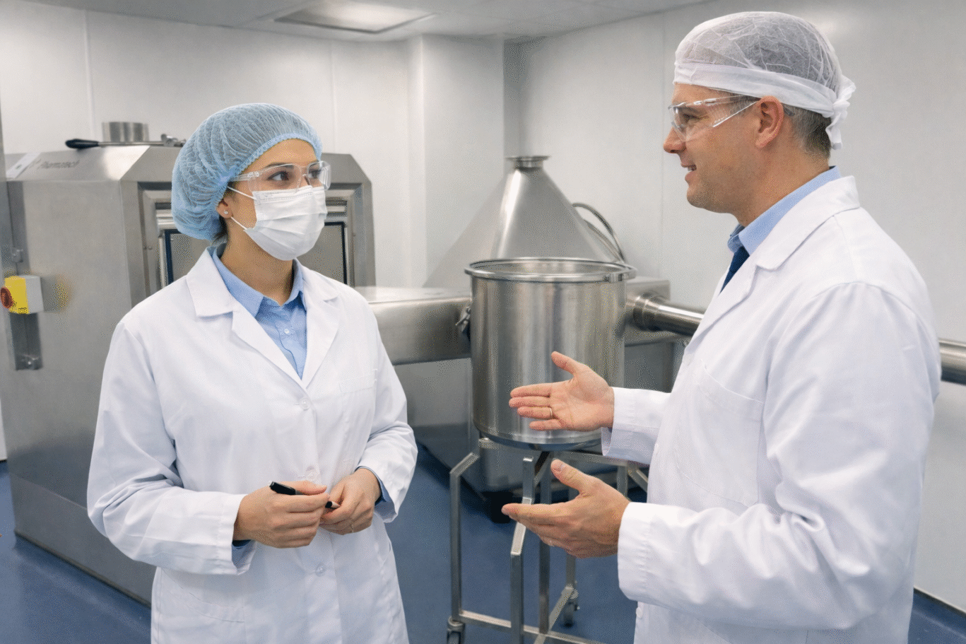 Blender sizing in pharmaceutical manufacturing showing fill level range, bulk density, and GMP powder blending process